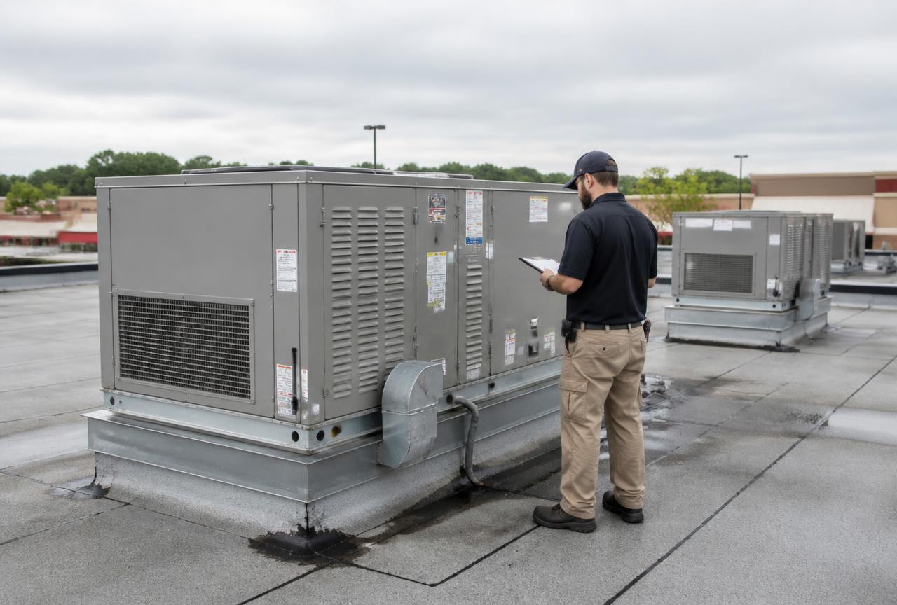 Rooftop package unit service on a commercial building