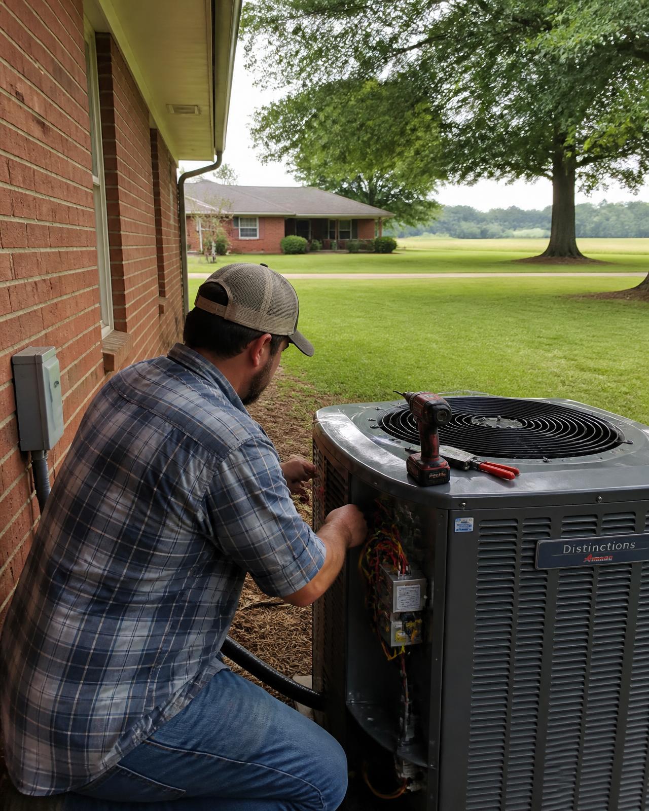 HVAC technician servicing an outdoor air conditioning condenser at a Northeast Mississippi home