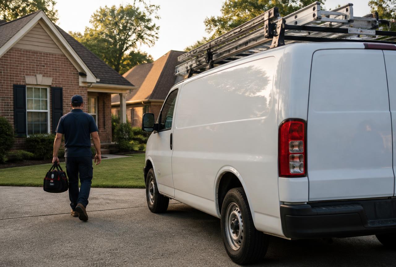 Marked HVAC service van parked at a Tupelo home